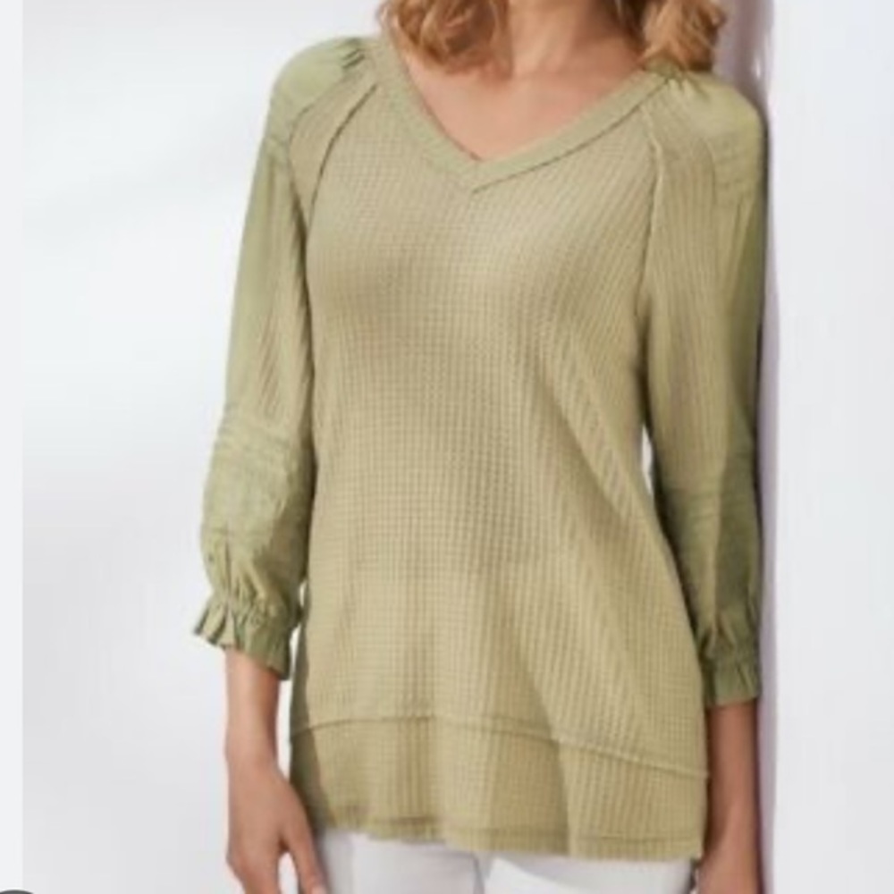 Soft Surroundings Mara Waffle Knit Embroidered Tunic Top Sage Womens medium